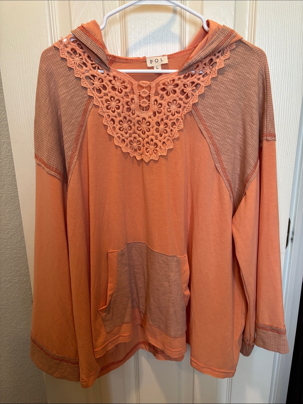 POL Clothing Crochet Lace Inset Mixed Media Pullover Hoodie Peach Coral Size L